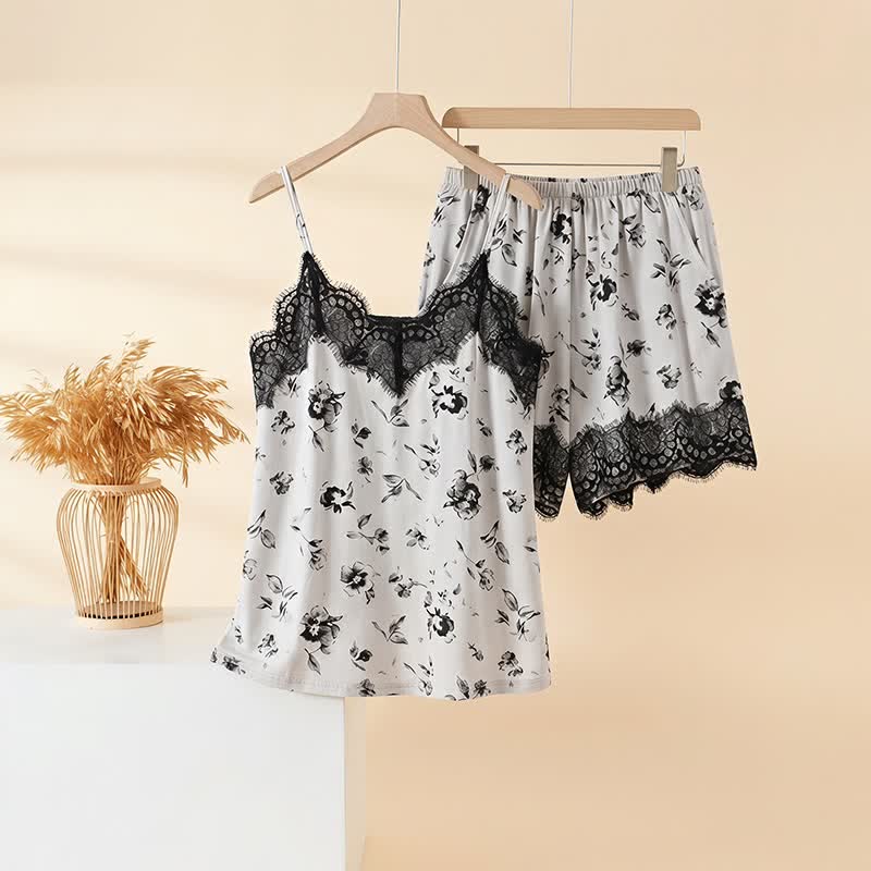 Completo pigiama romantico con canotta in pizzo floreale. - Grigio - 3XL - image 0