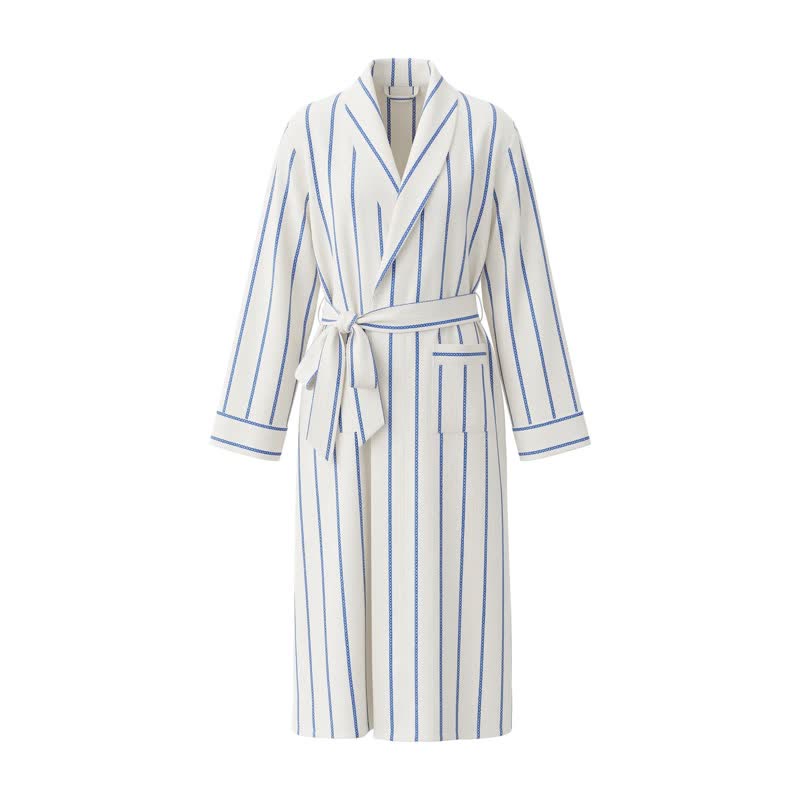 Accappatoio lungo in cotone a righe blu con cintura e tasche. - image 1