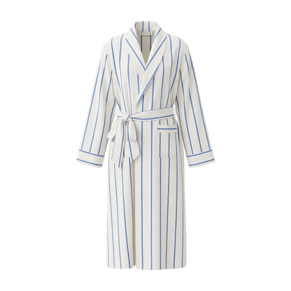 Accappatoio lungo in cotone a righe blu con cintura e tasche. - image 1