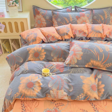 Set di biancheria da letto in garza di cotone con motivo floreale e spiga di grano (4 pezzi) - Matrimoniale Grande - image 0