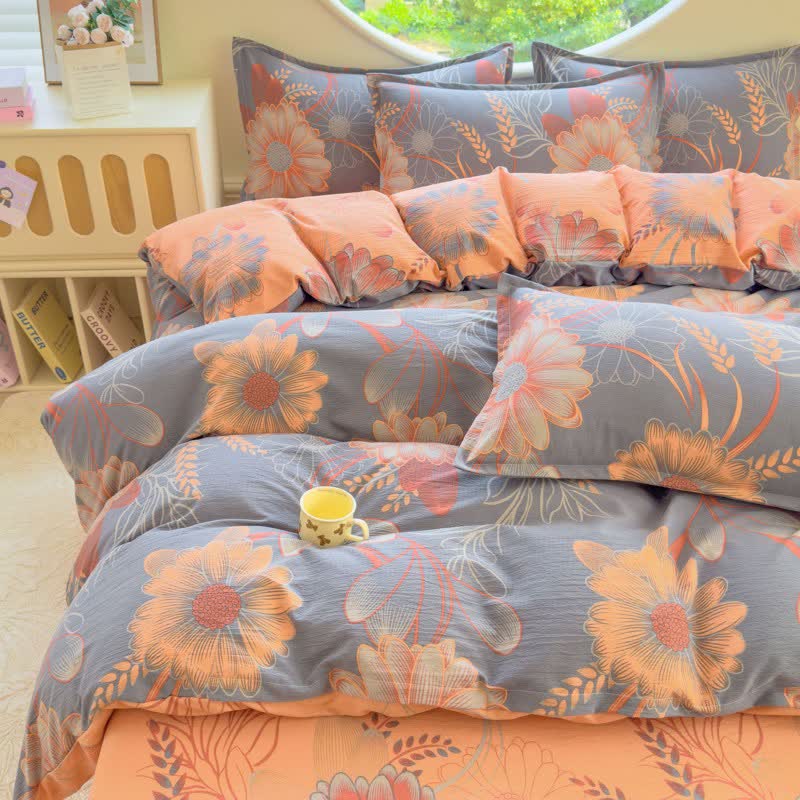Set di biancheria da letto in garza di cotone con motivo floreale e spiga di grano (4 pezzi) - Matrimoniale Grande - image 0