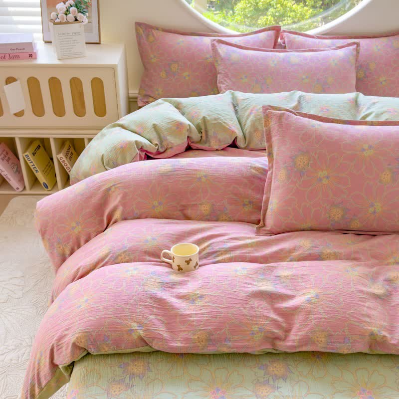 Set di 4 pezzi di biancheria da letto in doppia garza di cotone con stampa floreale pastello. - Matrimoniale Grande - image 0