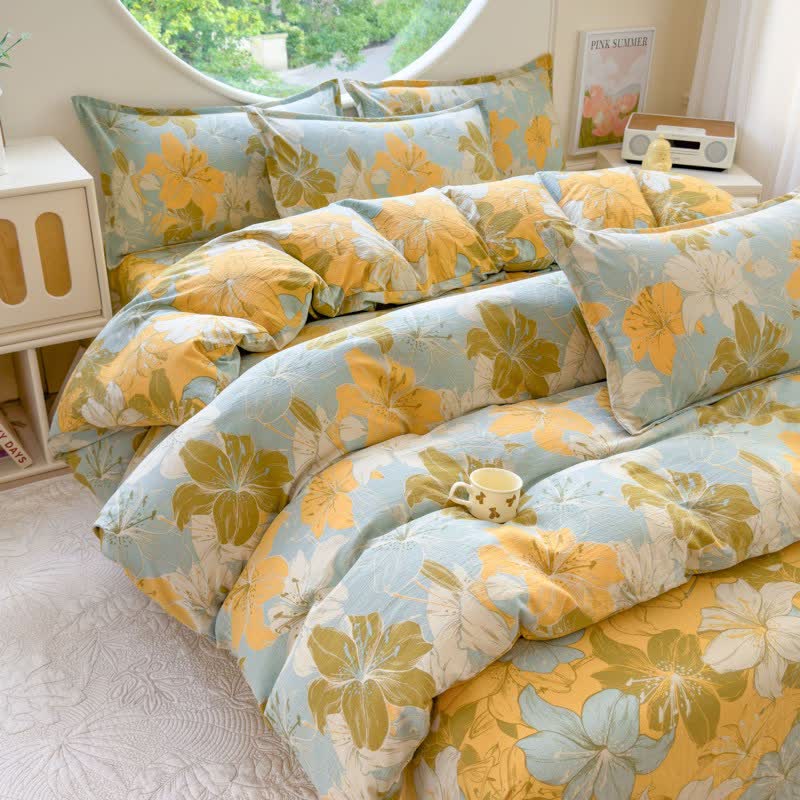 Set di 4 lenzuola in doppia garza di cotone con motivo floreale a gigli. - Matrimoniale Grande - image 0