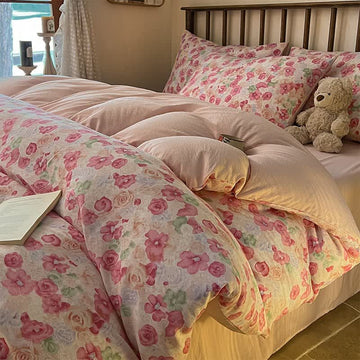 Set di biancheria da letto in garza di cotone rosa con stampa floreale in stile cottagecore (4 pezzi) - Lenzuolo con angoli elasticizzati - Matrimoniale - image 0