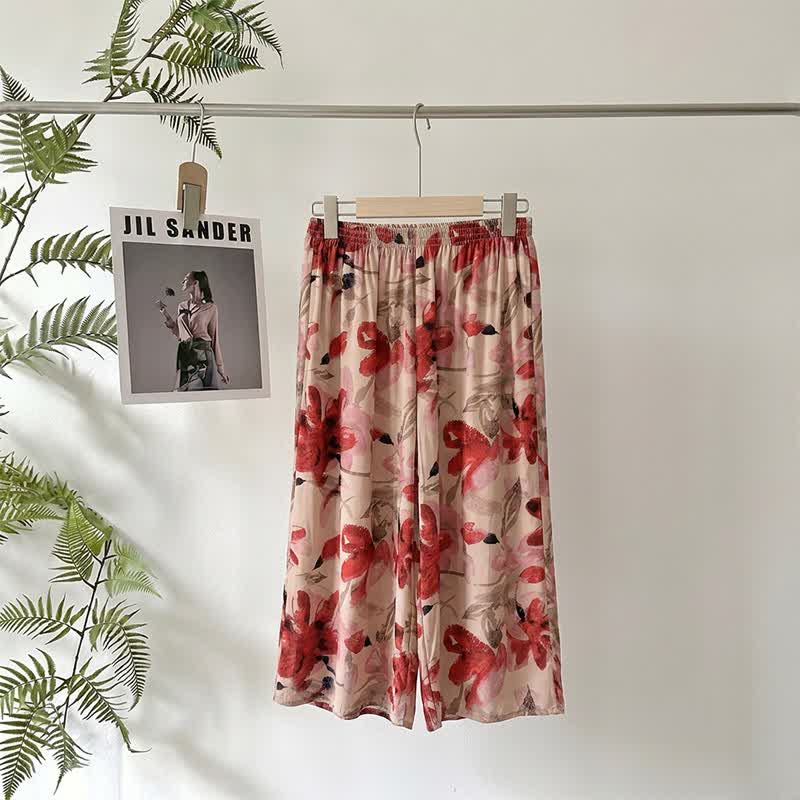 Pantaloni da pigiama corti a fantasia floreale rossa - image 1