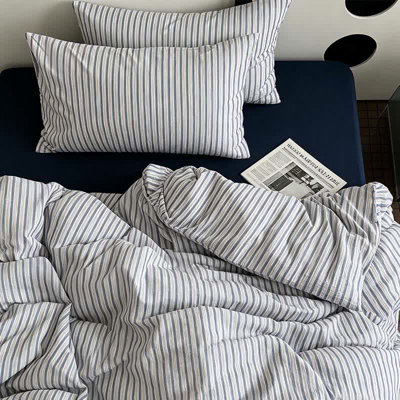 Set di biancheria da letto in cotone lavato a righe blu francese - Blu - Matrimoniale Grande - Lenzuolo con angoli - image 0