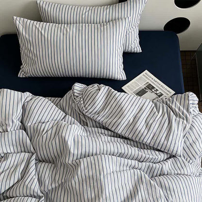 Set di biancheria da letto in cotone lavato a righe blu francese - Blu - Matrimoniale Grande - Lenzuolo con angoli - image 0