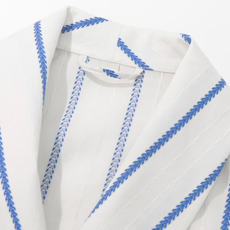 Accappatoio lungo in cotone a righe blu con cintura e tasche. - image 3