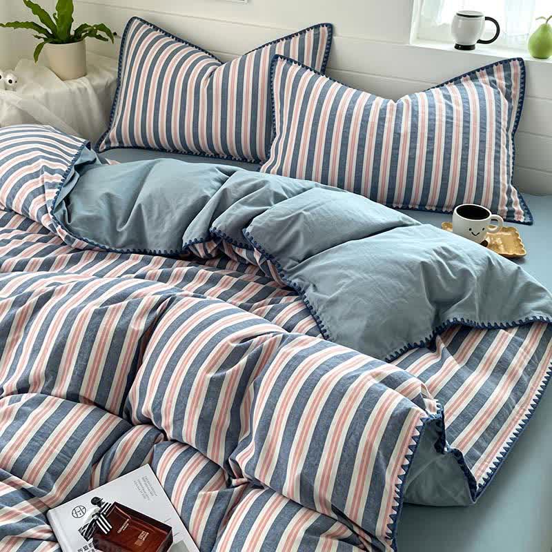 Set di biancheria da letto vintage a righe con bordo smerlato - Grigio e blu - Matrimoniale Grande - Lenzuolo con angoli - image 0
