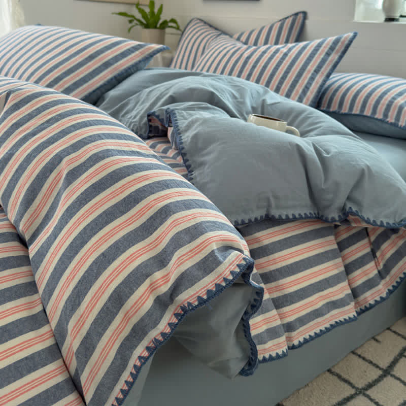 Set di biancheria da letto vintage a righe con bordo smerlato - image 3