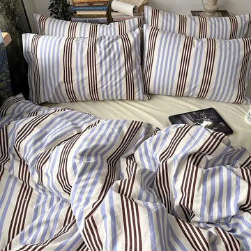 Set di biancheria da letto in cotone a righe blu e marroni in stile retrò - Blu e Mocha - Matrimoniale Grande - Lenzuolo con angoli - image 0