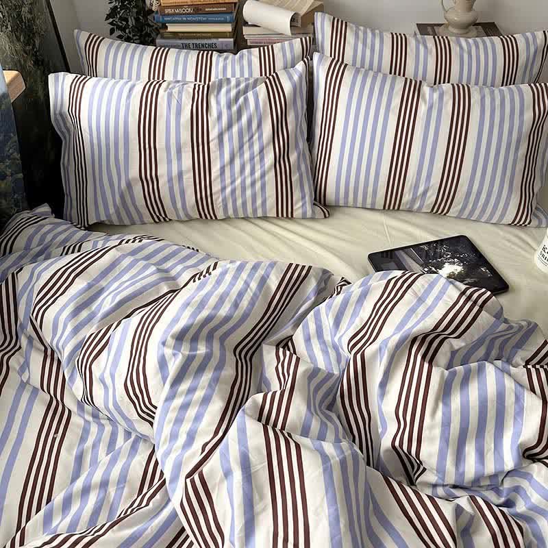 Set di biancheria da letto in cotone a righe blu e marroni in stile retrò - Blu e Mocha - Matrimoniale Grande - Lenzuolo con angoli - image 0