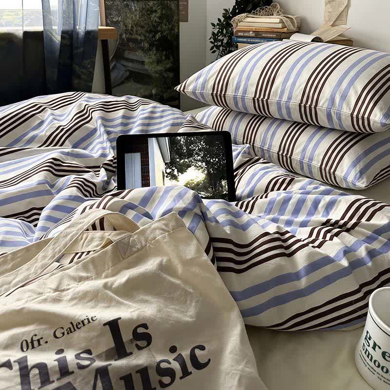 Set di biancheria da letto in cotone a righe blu e marroni in stile retrò - image 2