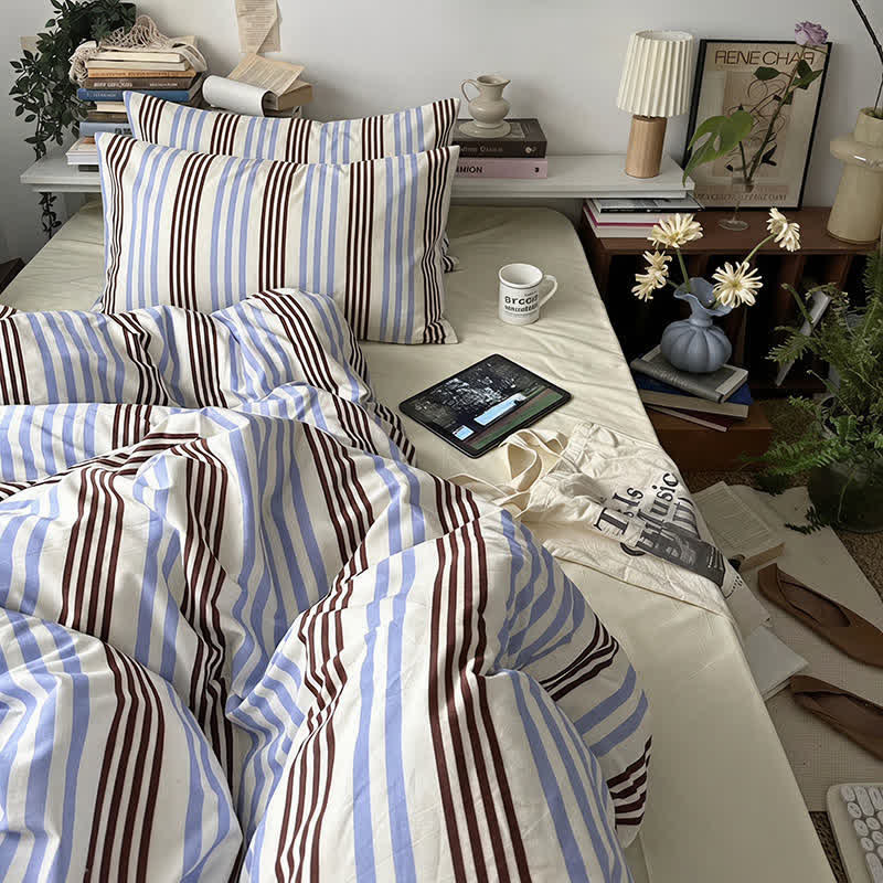 Set di biancheria da letto in cotone a righe blu e marroni in stile retrò - image 1
