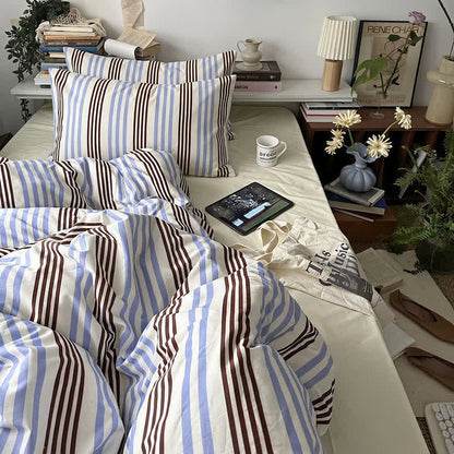 Set di biancheria da letto in cotone a righe blu e marroni in stile retrò - image 1