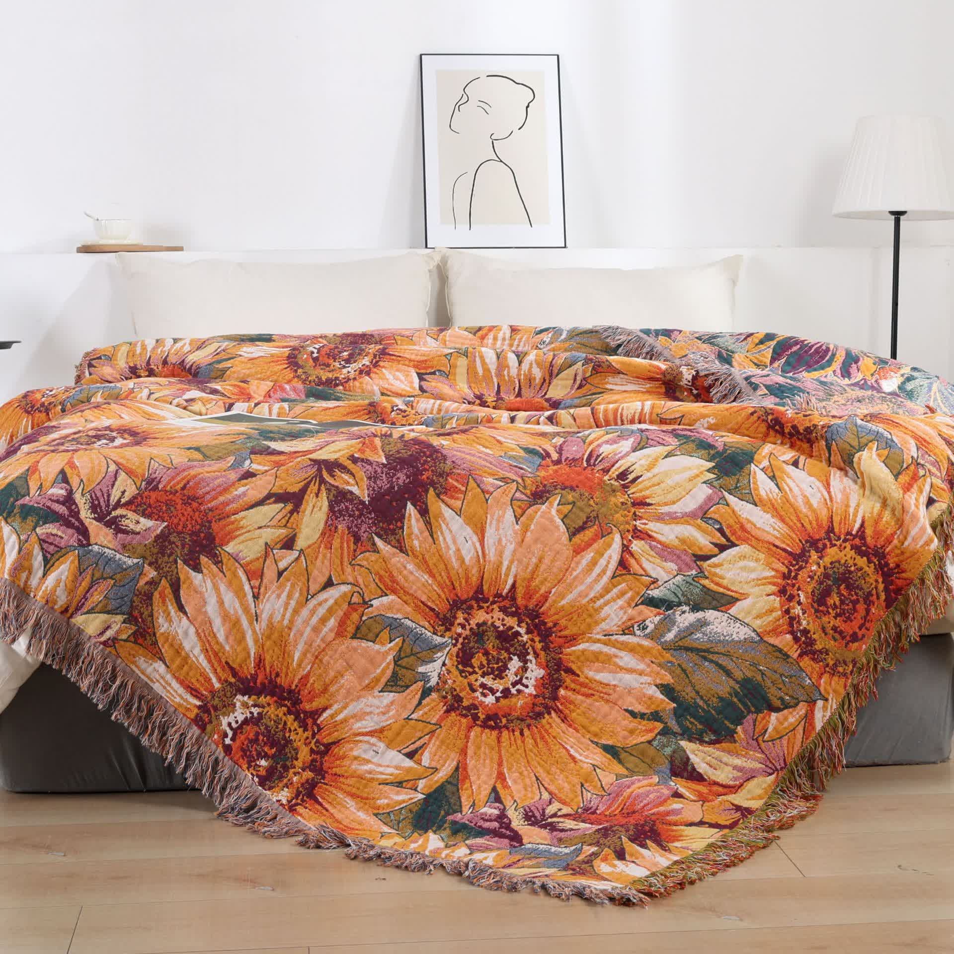Copriletto trapuntato in garza di cotone con motivo girasoli in stile boho - Matrimoniale - image 0