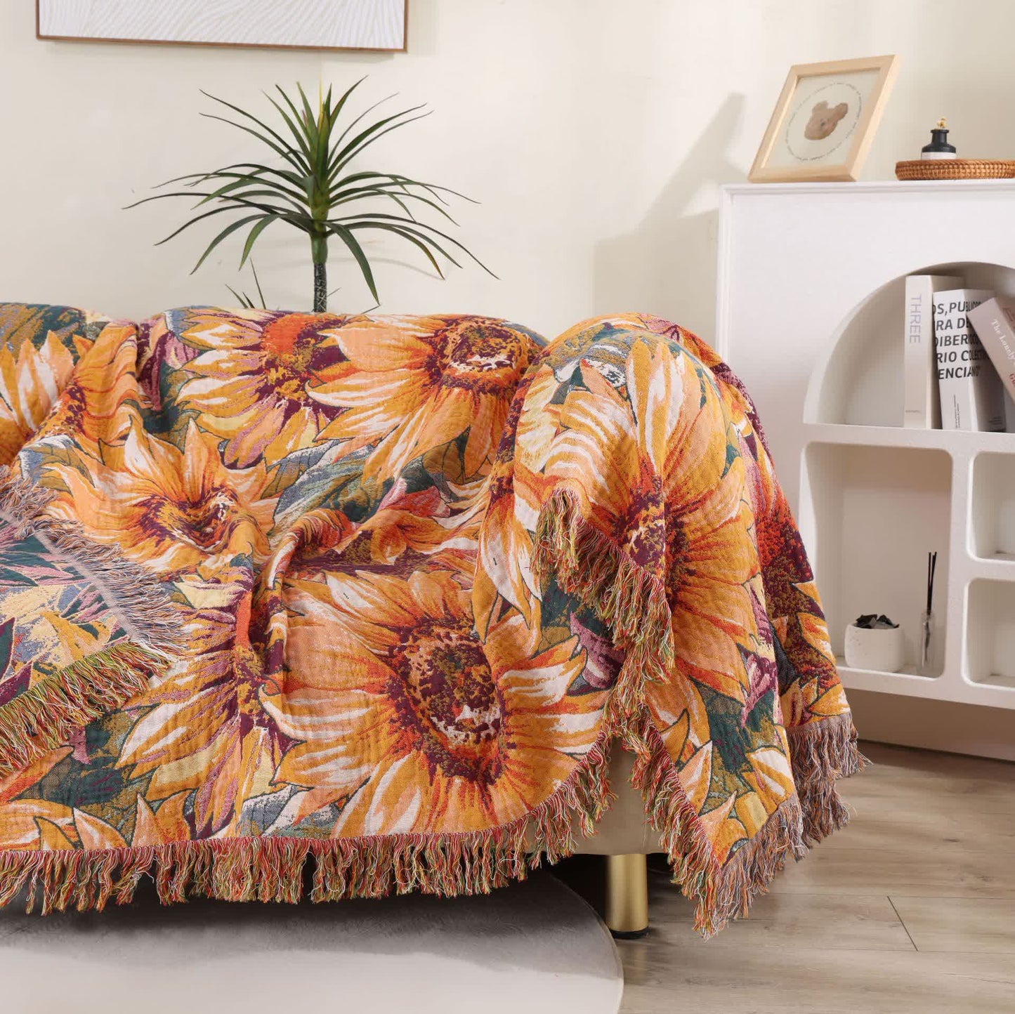 Copriletto trapuntato in garza di cotone con motivo girasoli in stile boho - image 3