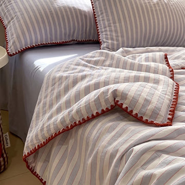Set di biancheria da letto in cotone lavorato a maglia a righe blu - Blu - Matrimoniale - Set di biancheria da letto (4 pezzi) - image 0