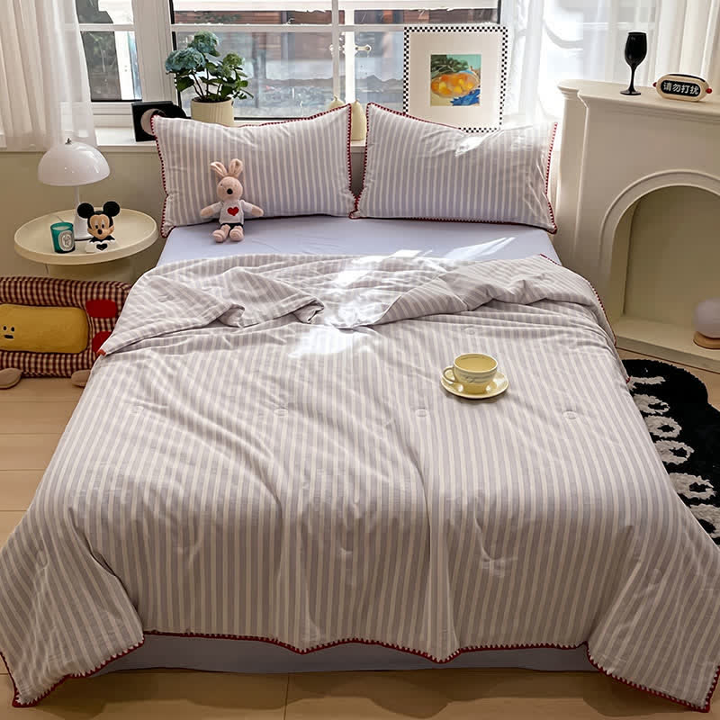 Set di biancheria da letto in cotone lavorato a maglia a righe blu - image 1