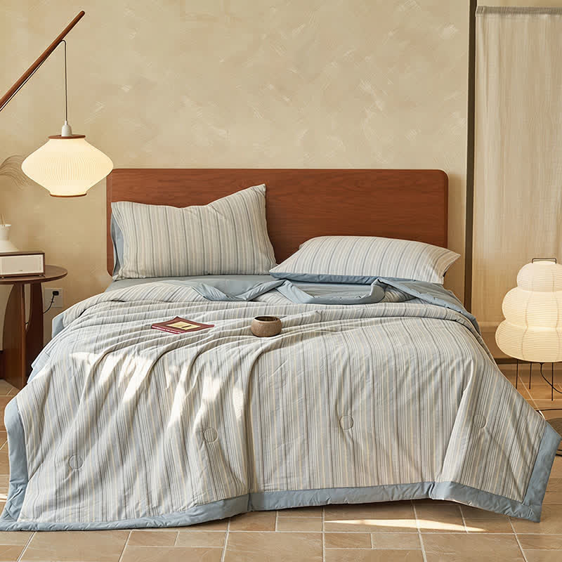 Set di biancheria da letto matrimoniale in garza a righe blu ariose - Blu - Matrimoniale - Set di biancheria da letto (4 pezzi) - image 0