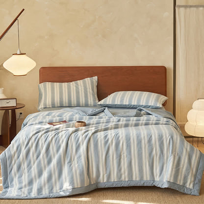 Set di biancheria da letto in doppia garza a righe azzurre. - Blu - Matrimoniale - Set di biancheria da letto (4 pezzi) - image 0