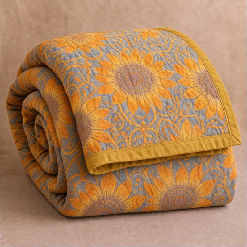 Trapunta a 3 strati in mussola di cotone con motivo girasoli in stile boho - image 0