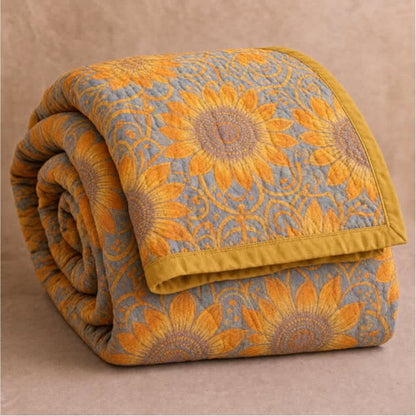 Trapunta a 3 strati in mussola di cotone con motivo girasoli in stile boho - image 0