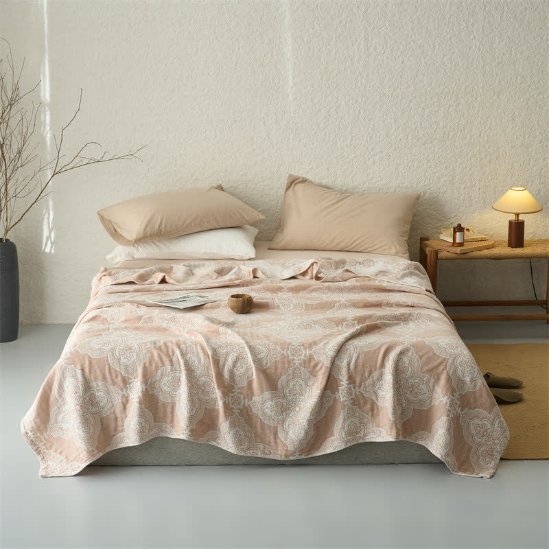 Coperta/trapunta vintage in mussola di cotone damascato a 3 strati - Cammello - Matrimoniale - image 0