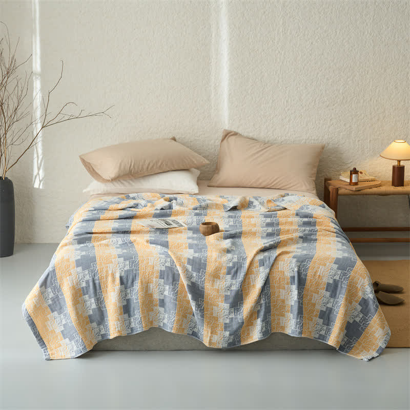 Coperta reversibile in mussola di cotone con motivi geometrici - Giallo - Matrimoniale - image 0