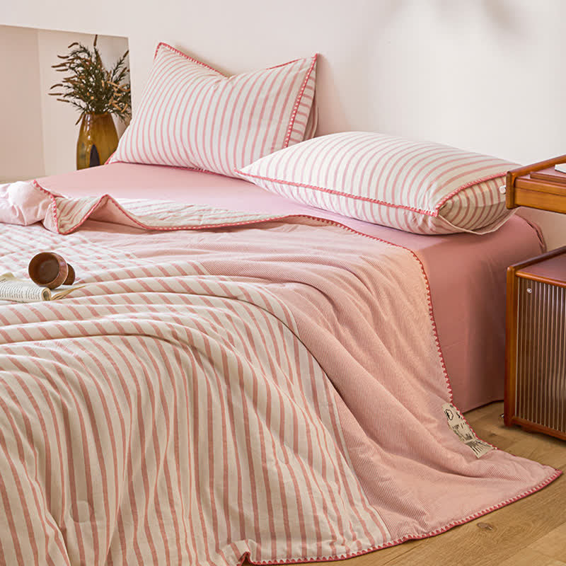 Set di biancheria da letto in cotone a righe bicolore con bordo a conchiglia - image 6