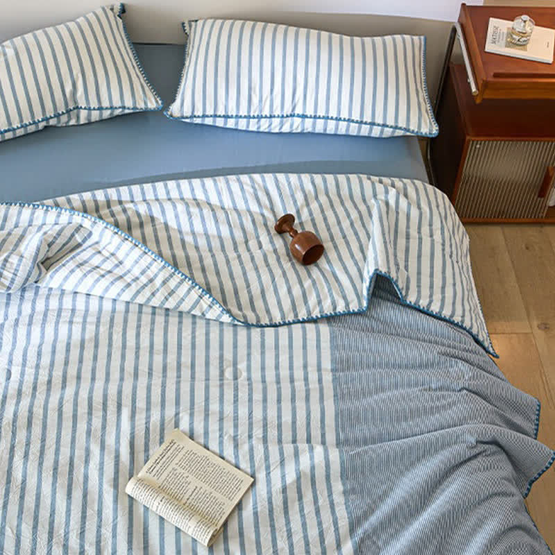 Set di biancheria da letto in cotone a righe bicolore con bordo a conchiglia - Blu - Matrimoniale - Set di biancheria da letto (4 pezzi) - image 0