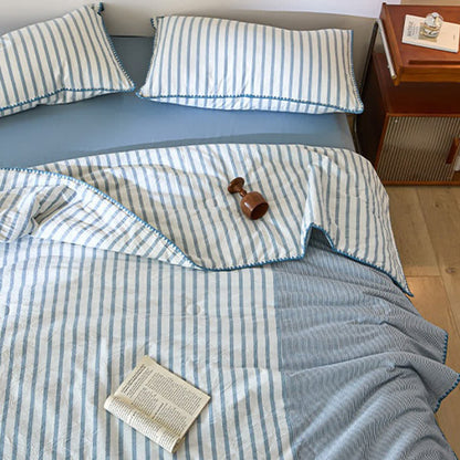 Set di biancheria da letto in cotone a righe bicolore con bordo a conchiglia - Blu - Matrimoniale - Set di biancheria da letto (4 pezzi) - image 0