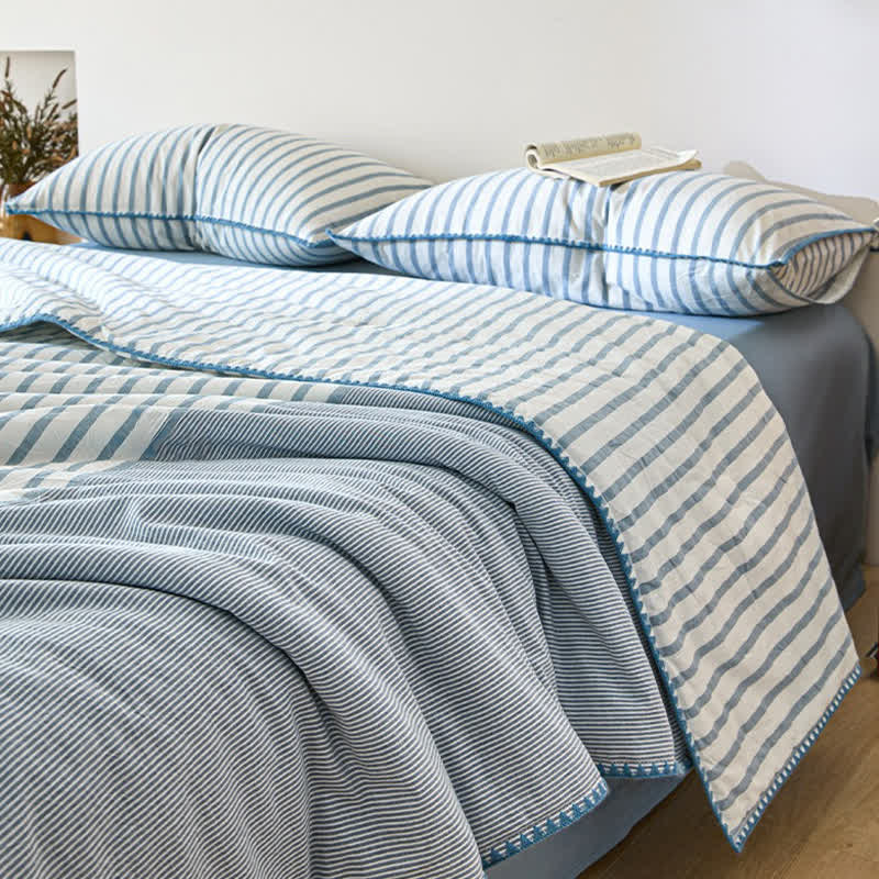Set di biancheria da letto in cotone a righe bicolore con bordo a conchiglia - image 2