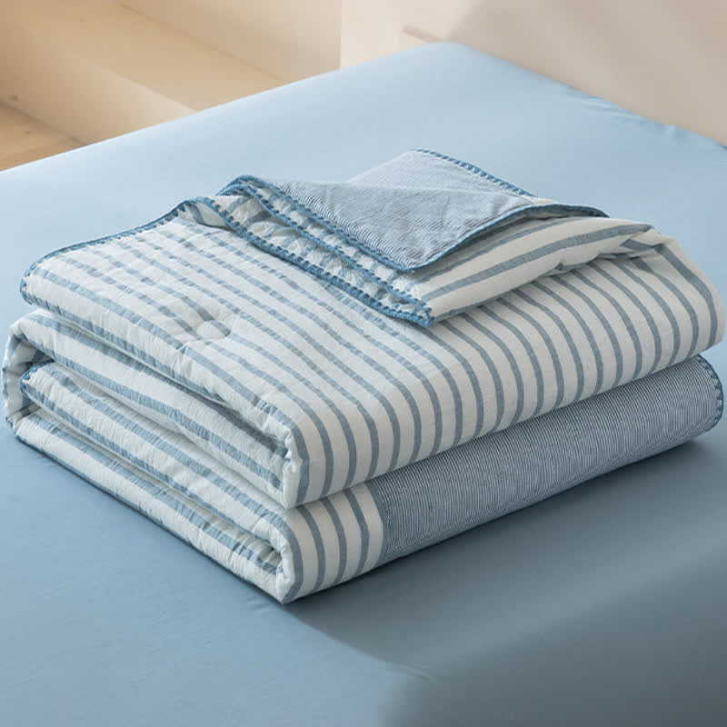 Set di biancheria da letto in cotone a righe bicolore con bordo a conchiglia - image 3