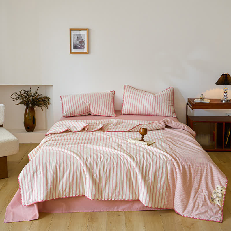 Set di biancheria da letto in cotone a righe bicolore con bordo a conchiglia - image 5