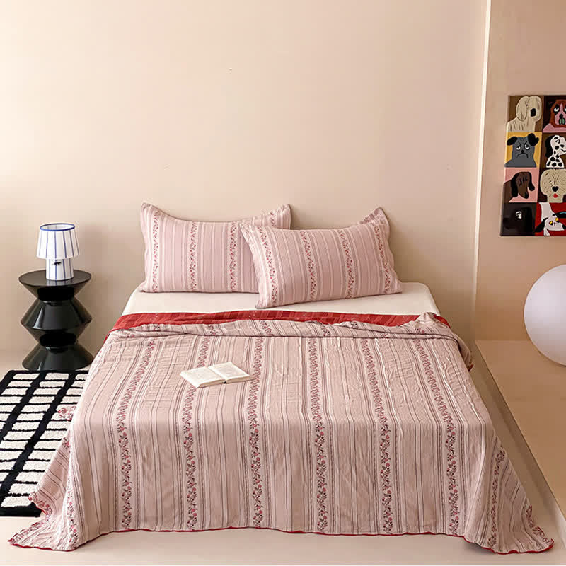 Set di biancheria da letto in cotone lavato con fantasia floreale a righe rosa cipria - image 2