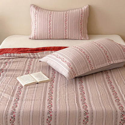 Set di biancheria da letto in cotone lavato con fantasia floreale a righe rosa cipria - Rosa - Matrimoniale - Set di biancheria da letto (3 pezzi) - image 0