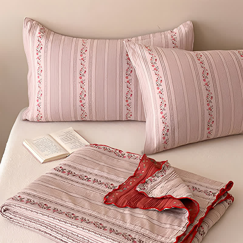 Set di biancheria da letto in cotone lavato con fantasia floreale a righe rosa cipria - image 3