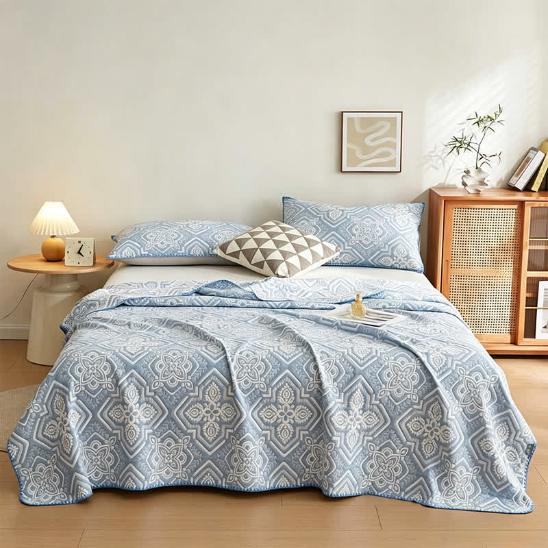 Coperta/trapunta in mussola di cotone con motivo a piastrelle mediterranee - Blu - 2 federe - 48cm x 74cm - image 0