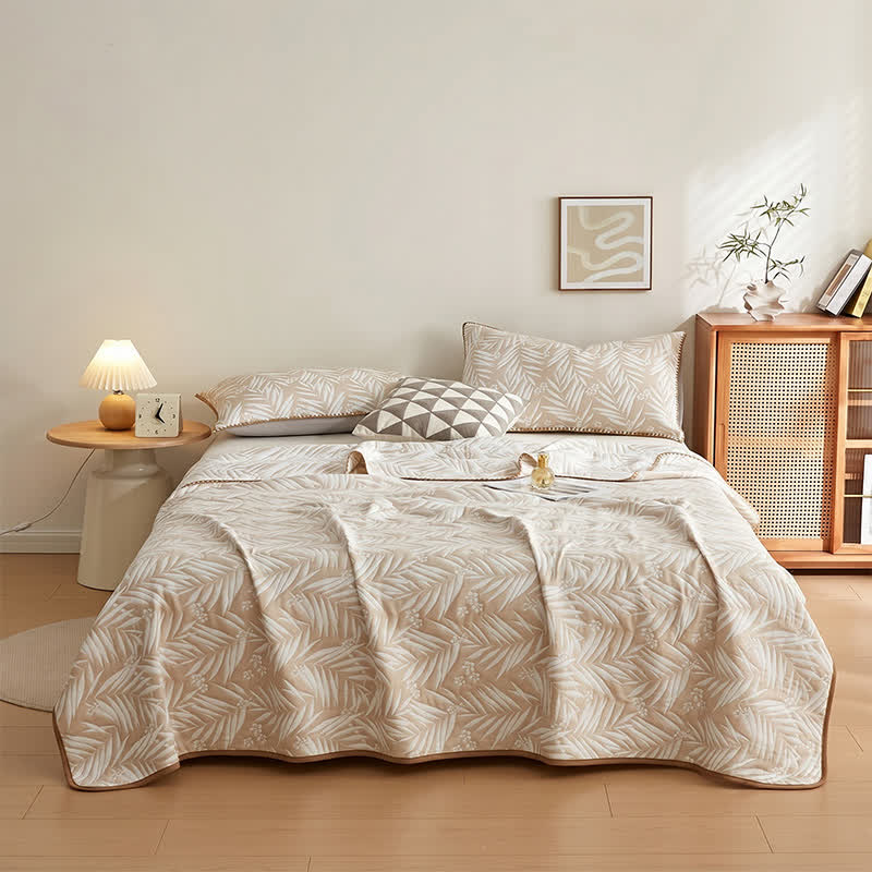 Coperta/trapunta in mussola di cotone con motivo botanico a foglie di palma - Caffè - 2 federe - 48cm x 74cm - image 0