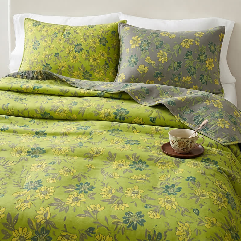 Copriletto vintage in cotone con stampa floreale verde - image 2
