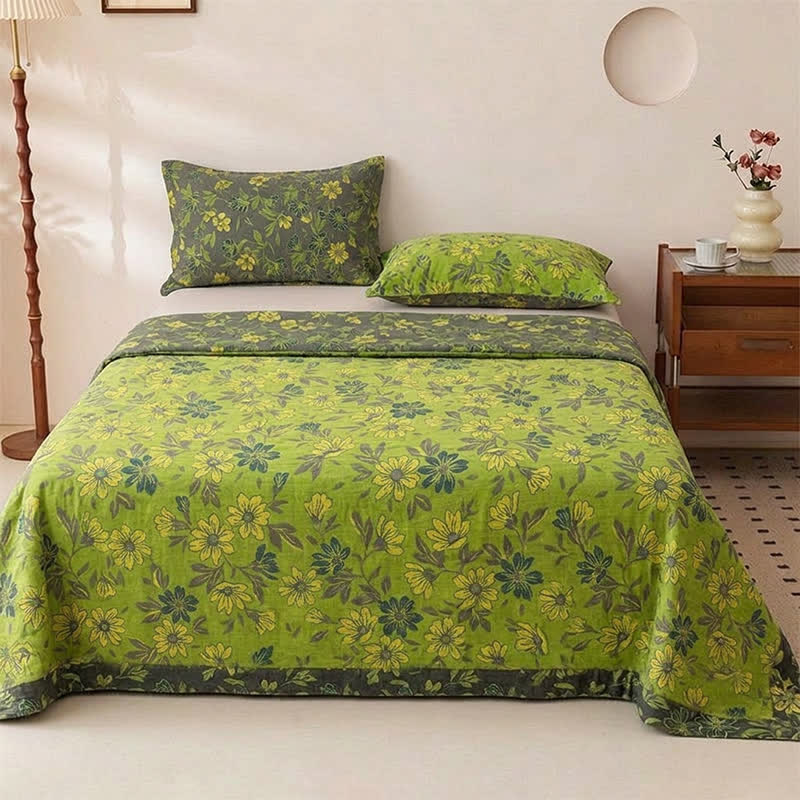 Copriletto vintage in cotone con stampa floreale verde - Copriletto con 2 federe - Matrimoniale Grande - image 0