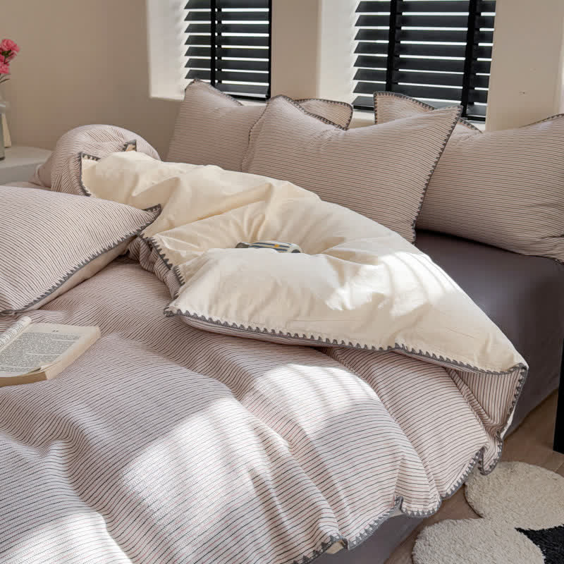 Set di biancheria da letto in cotone lavato con bordo smerlato a righe. - Grigio - Matrimoniale Grande - Lenzuolo con angoli - image 4