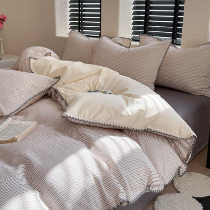 Set di biancheria da letto in cotone lavato con bordo smerlato a righe. - Grigio - Matrimoniale Grande - Lenzuolo con angoli - image 4