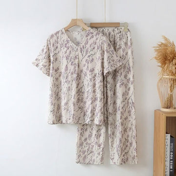 Completo da casa in cotone con stampa floreale botanica. - Beige - 3XL - image 0