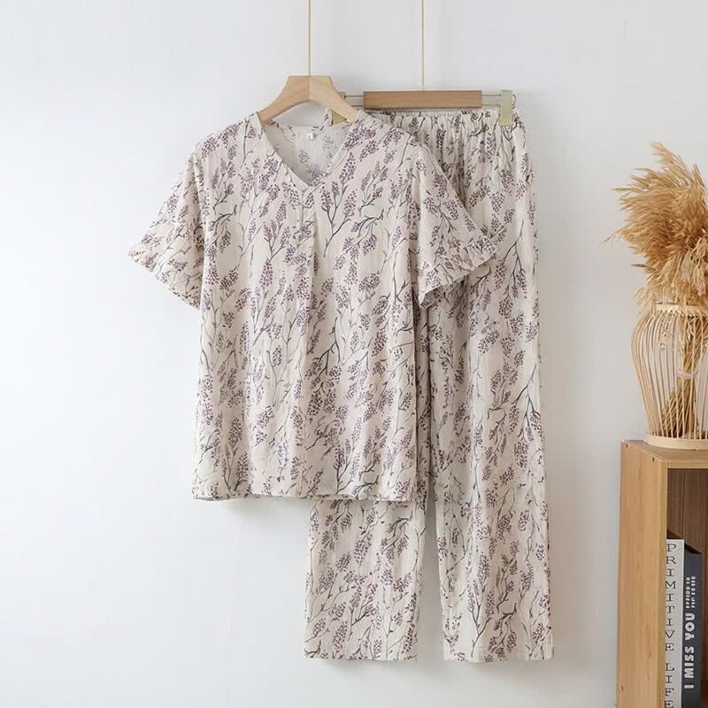 Completo da casa in cotone con stampa floreale botanica. - Beige - 3XL - image 0