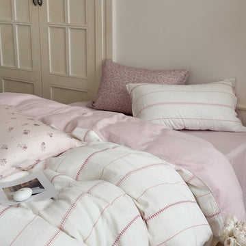 Set di biancheria da letto a quattro pezzi in cotone lavato con stampa "Pink Blossom" - Rosa - Foglio piano - Matrimoniale Grande - image 0