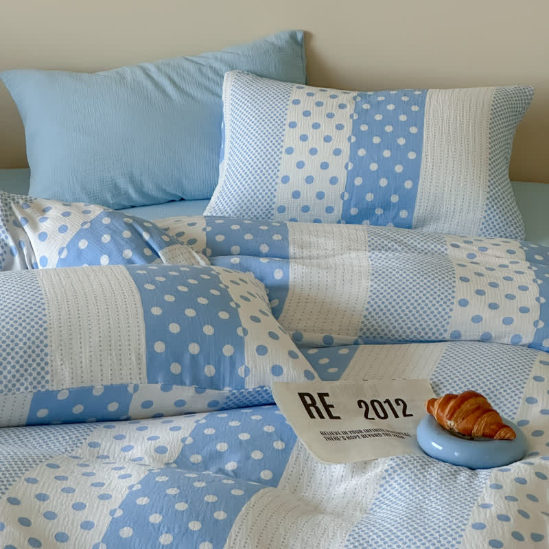 Set di biancheria da letto in doppia garza con motivo patchwork a pois - Blu - Matrimoniale Grande - Lenzuolo con angoli - image 0