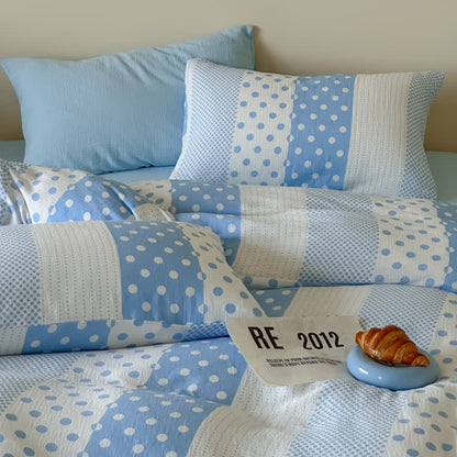 Set di biancheria da letto in doppia garza con motivo patchwork a pois - Blu - Matrimoniale Grande - Lenzuolo con angoli - image 0