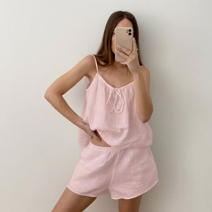 Completo da salotto con fiocco in garza di cotone bianca - Rosa - L  - image 5